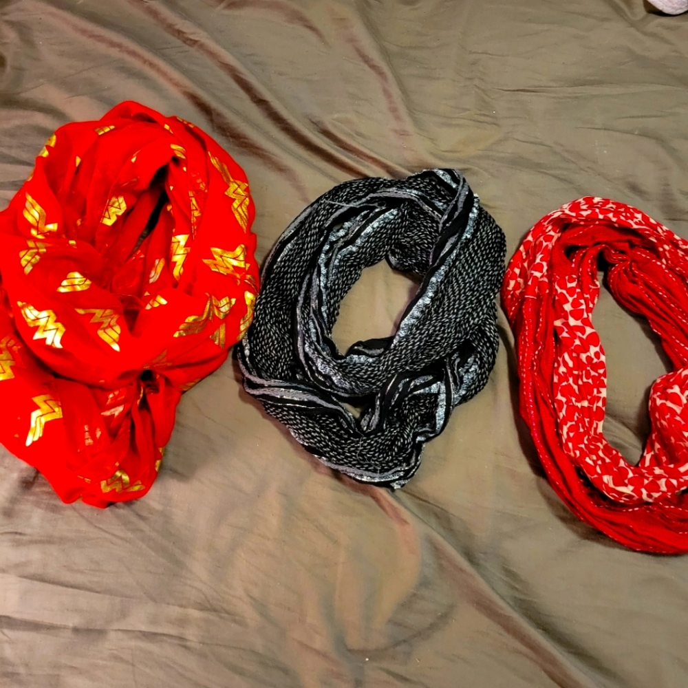 Red Wonder woman, Black & Silver Knitted, & Pink & White Heart Infinity Scarves
